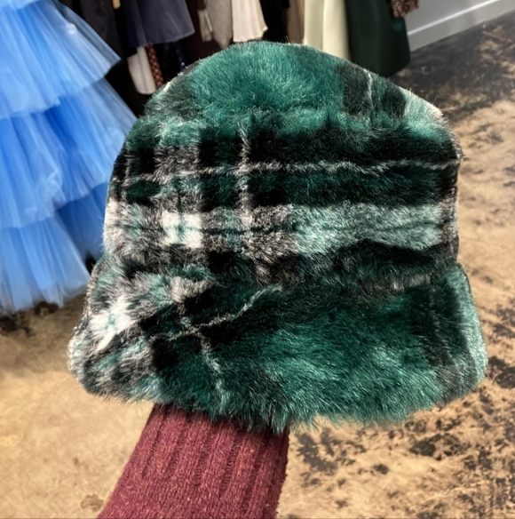 Plaid Faux Fur Bucket Hat
